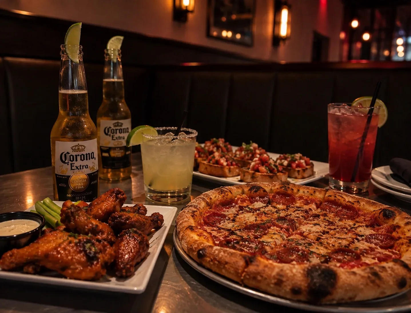 Pizza, wings, bruschetta, beer and cocktails pictured at Fratelli’s